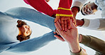 Below, people and hands stack outdoor for support, travel agreement and group solidarity. Smile, friends and huddle in circle of unity, reunion collaboration and motivation with connection on holiday