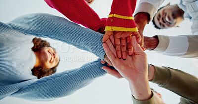 Buy stock photo Below, people and hands stack outdoor for support, travel agreement and group solidarity. Smile, friends and huddle in circle of unity, reunion collaboration and motivation with connection on holiday