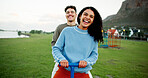 Happy, see saw and portrait of couple in park for playful relationship, weekend and fun together. Love, playground and woman with man laugh outdoor for bonding, romance and date activity in nature