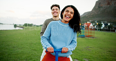 Buy stock photo Happy, see saw and portrait of couple in park for playful relationship, weekend and fun together. Love, playground and woman with man laugh outdoor for bonding, romance and date activity in nature