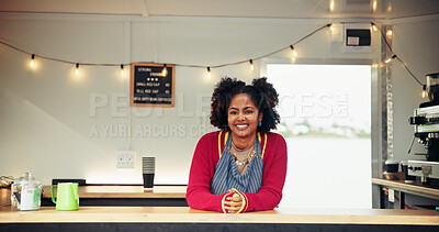 Buy stock photo Woman, smile and waitress with portrait in food truck for friendly service, about us and welcome. Mobile small business, cafe vendor and african girl with pride for startup, hospitality or assistance