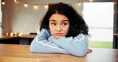 Buy stock photo Frustrated, thinking and waiting with woman in food truck for service or small business startup regret. Bored, fail and mistake with entrepreneur in van for inflation crisis, no sales or recession