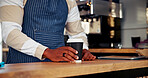 Food truck, entrepreneur and hands with coffee, startup or waiter with apron, hospitality or retail. Cafe, person and barista with hot beverage for order, small business and serving caffeine in shop