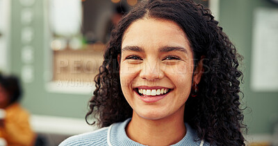 Buy stock photo Happy, food truck and portrait of woman in city for outdoor market on holiday, weekend and vacation. Customer experience, travel and person by mobile cafe, restaurant and vendor for local cuisine