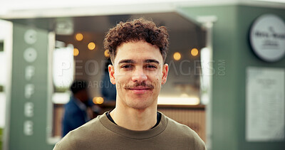 Buy stock photo Happy, food truck and portrait of man in city for outdoor market on holiday, weekend and vacation. Customer experience, travel and person smile by mobile cafe, restaurant and vendor for local cuisine