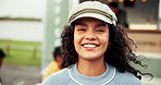 Happy, food truck and portrait of girl outdoor for local market on holiday, weekend and vacation. Customer experience, travel and woman smile by mobile cafe, restaurant and vendor for coffee break