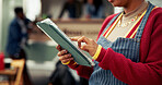 Tablet, food truck and hands of woman outdoor for online menu, customer order and product inventory. Restaurant, mobile cafe and waitress on digital tech for bistro website, internet and price list