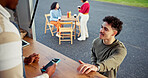 Food truck, people and hands with machine for payment, small business and employee with card reader. Startup, retail and waiter with tech for purchase, services and digital sale in store or online