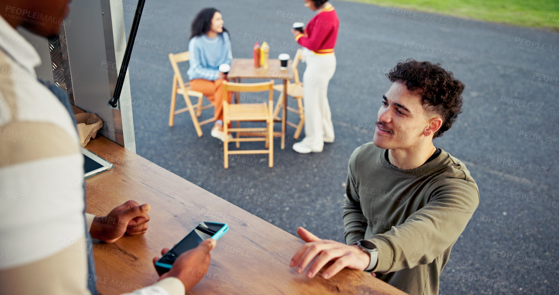 Buy stock photo Food truck, people and hands with machine for payment, small business and employee with card reader. Startup, retail and waiter with tech for purchase, services and digital sale in store or online