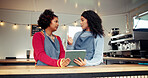 People, team and talk with tablet at small business for online order, inventory update and event planning. Women, explain and digital with price list, menu checklist and vendor training of food truck