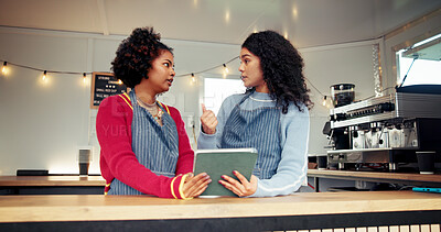 Buy stock photo People, team and cafe with tablet at small business for online order, inventory update and event planning. Women, explain and digital with price list, menu checklist and vendor training of food truck