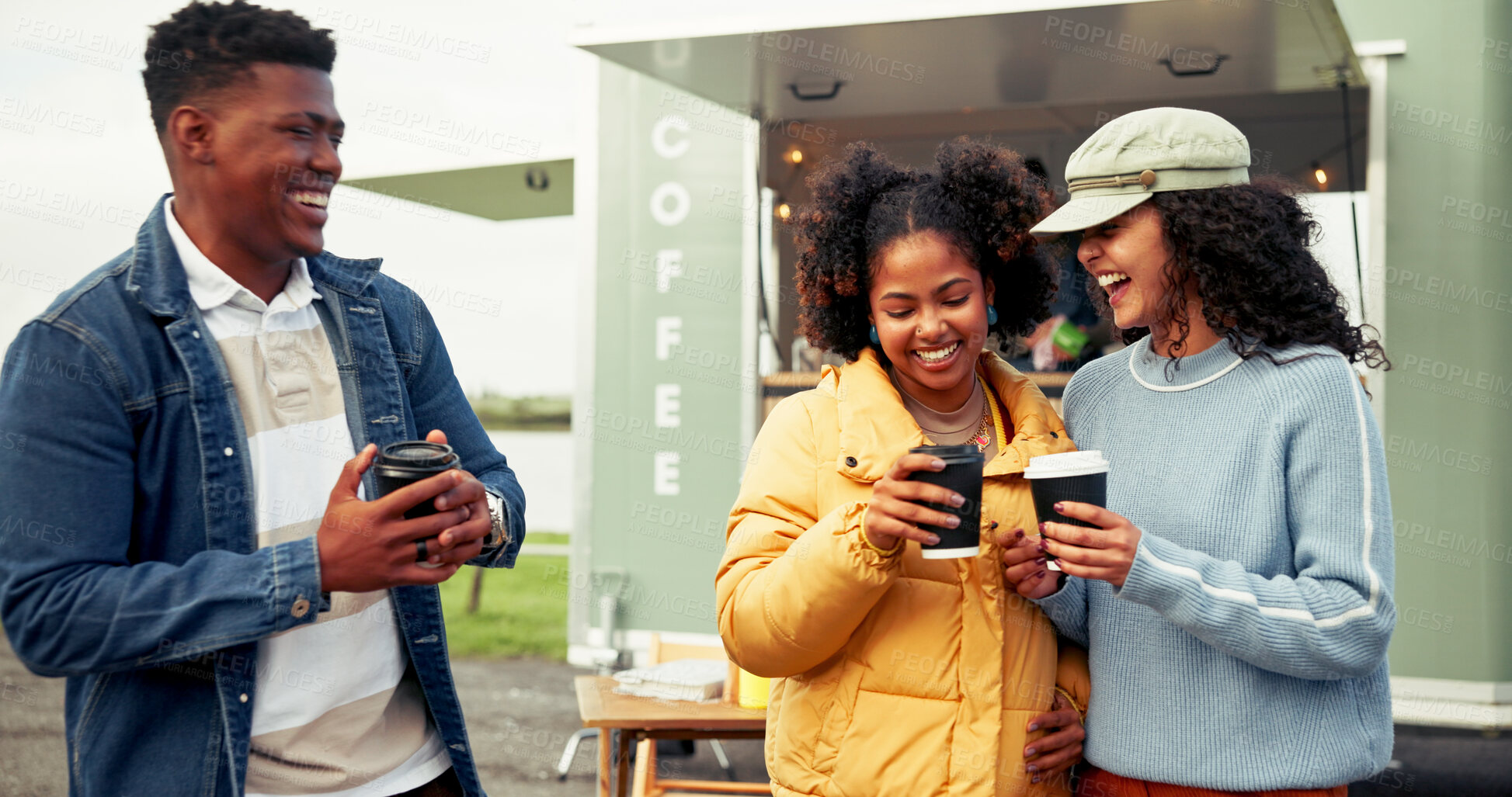 Buy stock photo Happy, food truck and friends with coffee outdoor for bonding, conversation and relax on weekend. Talking, social gathering and man with women laugh by mobile cafe, restaurant and vendor for hangout