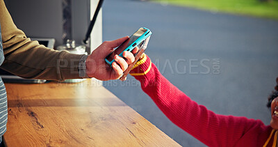 Buy stock photo Retail, phone and hands with machine for payment, food truck or customer with mobile for transaction. Happy, consumer and people with tech for digital purchase, small business and online for sale