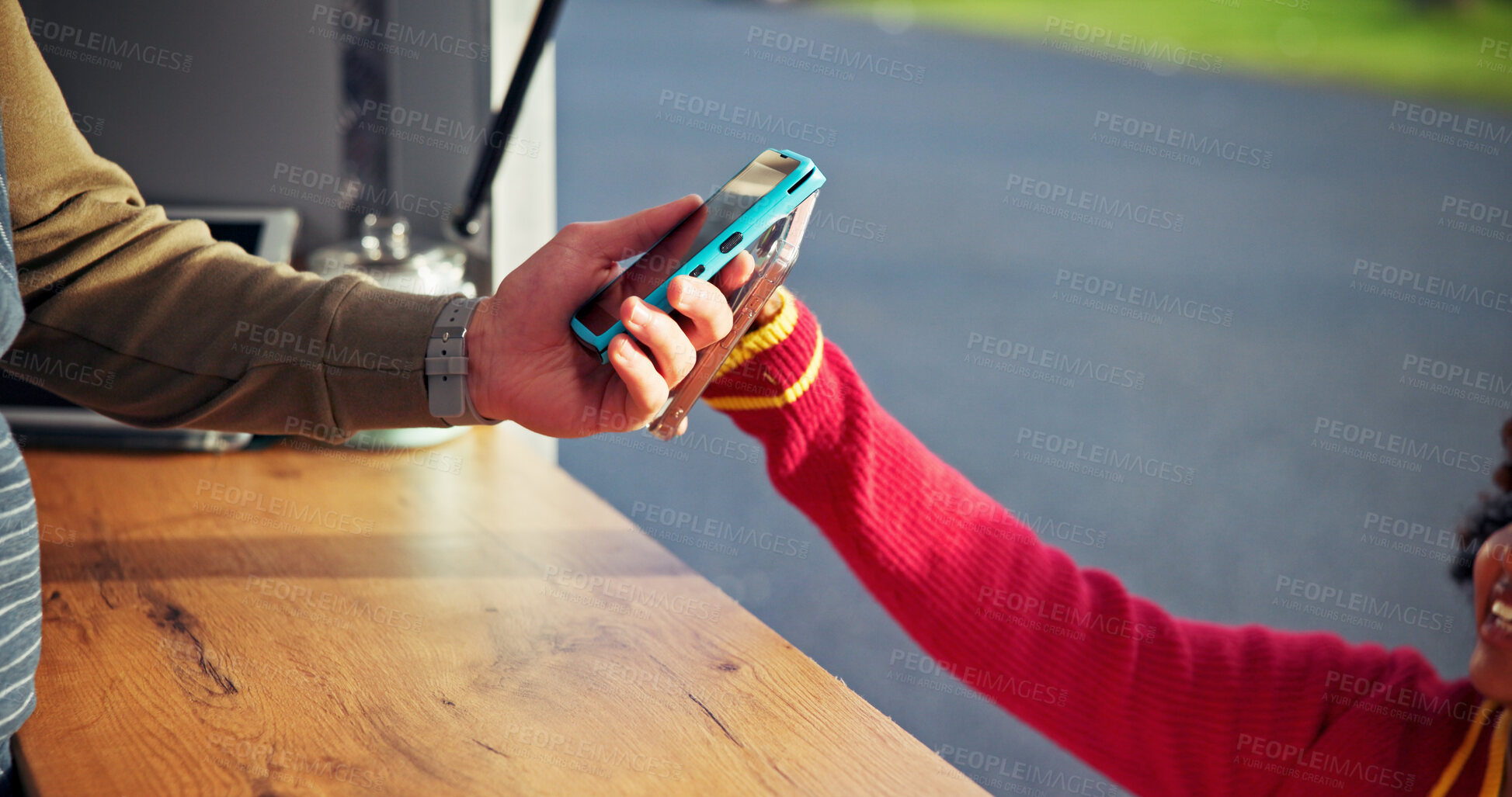 Buy stock photo Retail, phone and hands with machine for payment, food truck or customer with mobile for transaction. Happy, consumer and people with tech for digital purchase, small business and online for sale