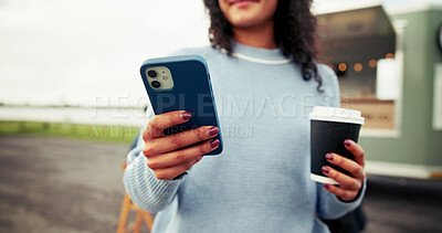 Buy stock photo Woman, hands and phone with coffee for review, post or social media at outdoor barista stand. Female person, user or rate with mobile smartphone for subscription or customer service at local cafe
