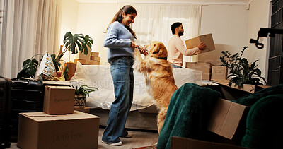 Buy stock photo Smile, woman and dance with dog at new house for security, moving property and homeownership. Couple, music and movement with pet care for real estate relocation, celebration and bonding together