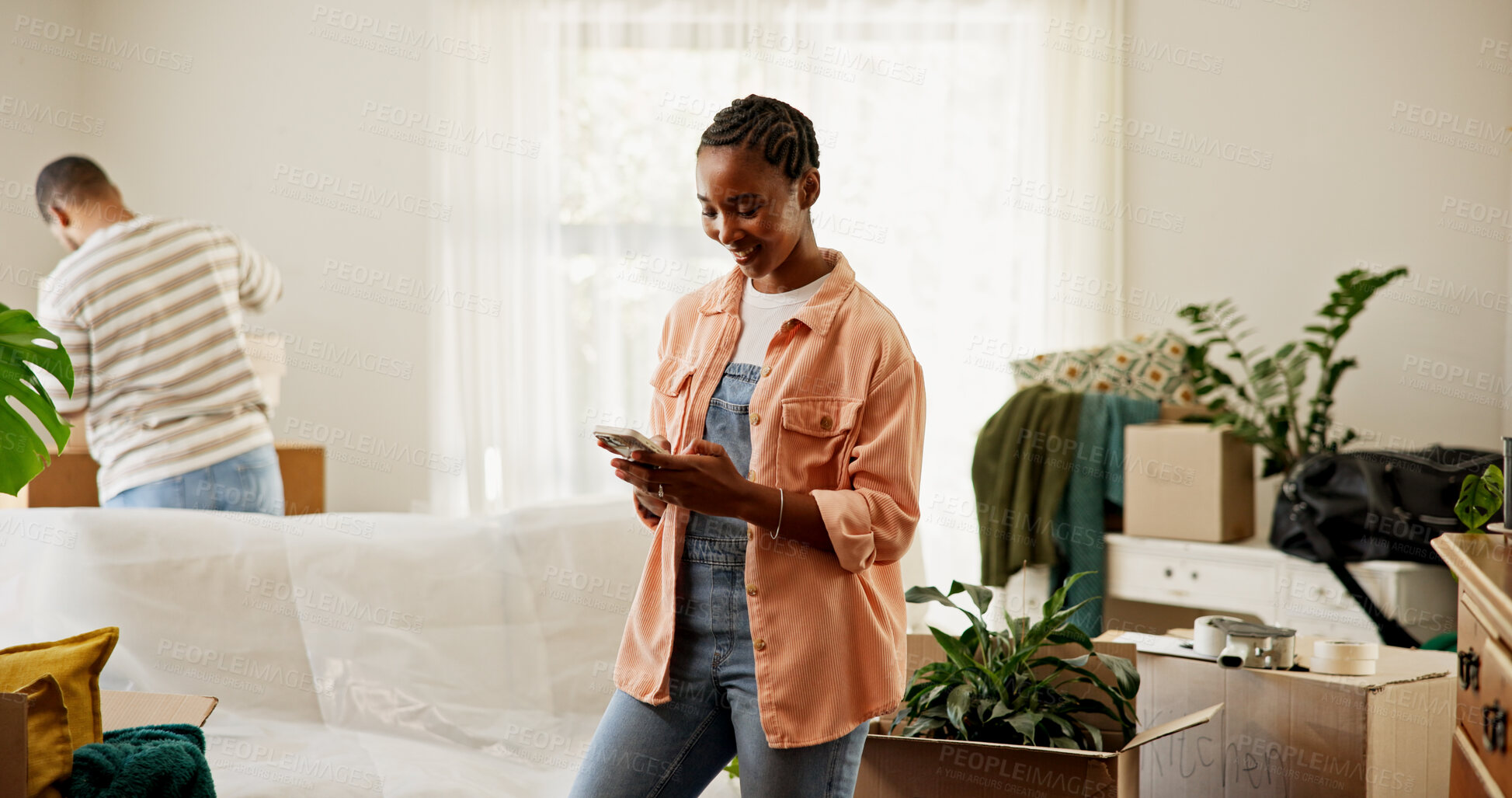 Buy stock photo Phone, moving and woman in new home with networking, research or communication on mobile app. Technology, contact and female person with connectivity on cellphone in living room at apartment.