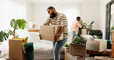 Buy stock photo Box, phone call and real estate with black couple moving in to new home for relocation or update. Carry, conversation and property with people in apartment for mobile discussion, packing or planning