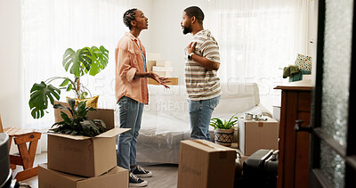 Buy stock photo Home, real estate and black couple with fight, conflict and problem with rent increase. Man, woman and argument for moving challenge, property eviction and stress for mortgage crisis with loan debt