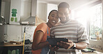 Happy, black couple and tablet for painting new house for planning, renovation and interior design. Smile, people and digital for online inspiration, remodeling ideas and diy project of home makeover