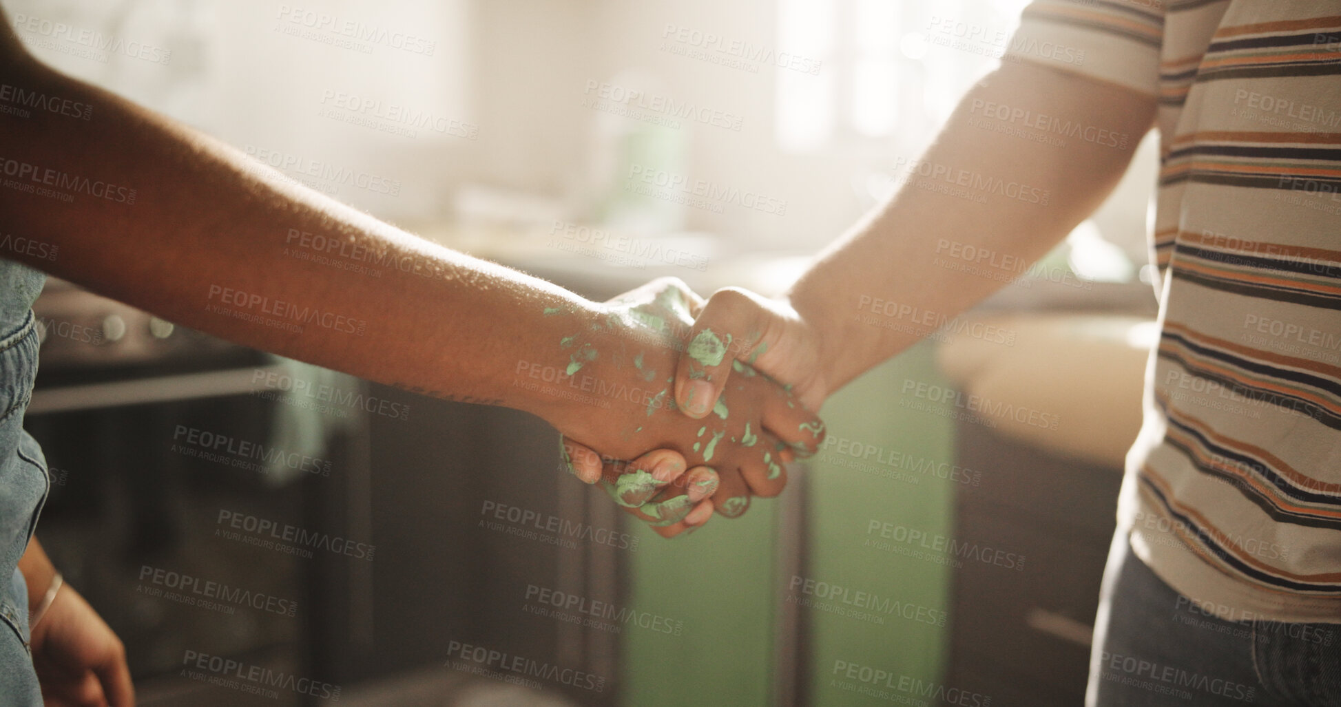 Buy stock photo Agreement, handshake and painting with people in kitchen for deal, maintenance or renovation. Construction, real estate or thank you with homeowner and painter shaking hands for building or success