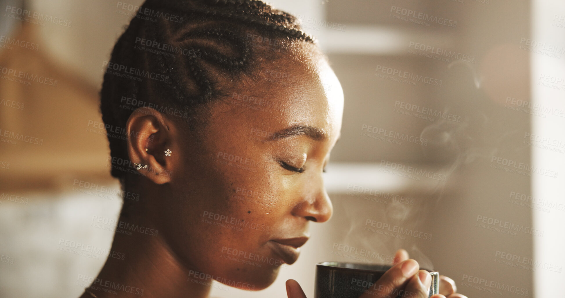 Buy stock photo Aroma, coffee and woman in kitchen, morning and sniffing of hot tea in home, calm or peace on break. Fresh, scent and black person with warm beverage on weekend, relax and smell of caffeine in house