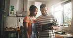 Black couple, reading and tablet for painting new house by planning, renovation and interior design. Happy, people or digital for online inspiration, remodeling ideas and diy project of home makeover