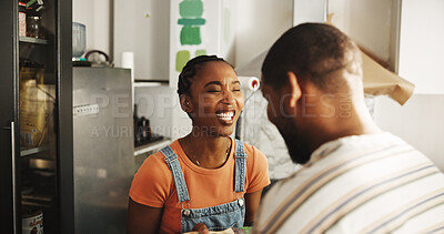 Buy stock photo Laughing, painting and remodeling with black couple in kitchen for help, bonding and diy project. Happiness, love and renovation with man and woman in house for home improvement, support and comic