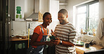 Smile, black couple and phone for painting new house for planning, renovation and interior design. Happy, people and mobile with online inspiration, remodeling ideas and diy project for home makeover