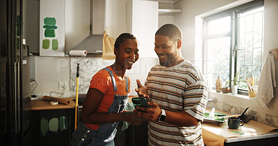 Buy stock photo Smile, black couple and phone for painting new house for planning, renovation and interior design. Happy, people and mobile with online inspiration, remodeling ideas and diy project for home makeover