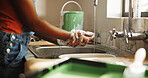 Soap, faucet and woman washing hands in kitchen for healthcare, wellness or disinfectant. Water, hygiene and female person cleaning skin for prevention of bacteria, dirt or germs in apartment.