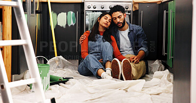 Buy stock photo Paint, renovation or tired couple sleeping in kitchen for home upgrade, diy makeover or hug. Interior design, people or holding hands with nap on floor for remodeling break, maintenance and rest