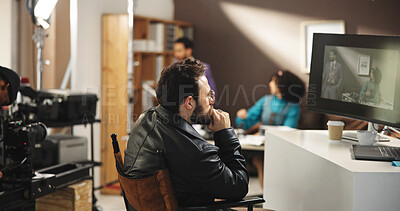 Buy stock photo Thinking, computer and director with man on set for filming, production and reflection. Movie performance, perspective and cinematography guide with person and screen for videographer cue and idea