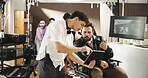 Man, director and producer with tablet for discussion, video edit or retake in production studio. Male people, filmaker and talking with camera assistant or technology for film making or scene cue