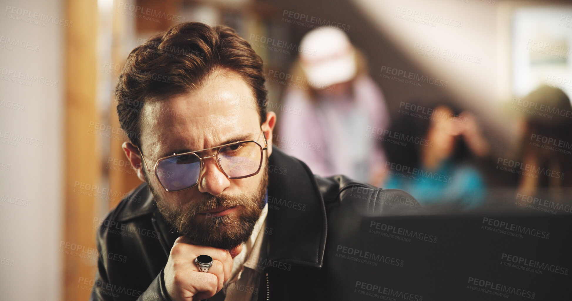 Buy stock photo Planning, man and director in studio for editing with post production, process or casting online. Thinking, solution and filmmaker watching scenes for artistic project with shoot at creative agency.
