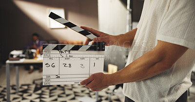 Buy stock photo Person, hands and studio production with clapperboard for action, take or rolling scene on set. Producer, director or camera assistant with movie slate, cut or edit for film making, play or reel