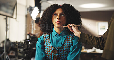 Buy stock photo Woman, actress and makeup artist with brush in studio preparation for production on set. Female person, model and beauty with crew getting ready for character, film making or acting behind the scenes