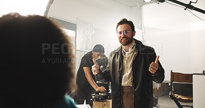 Buy stock photo Happy man, director and thumbs up with actress in production studio for good take, roll or scene. Male person, producer or filmaker with smile, like emoji or yes sign for crew performance on set