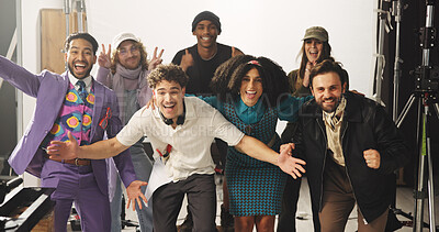 Portrait, people and filming crew on set for success, celebration and production achievement. Excited, staff and teamwork for shooting commercial, movie wrap and filmmaking victory for advertisement