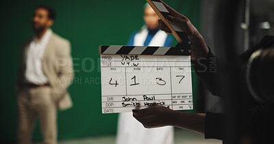 Buy stock photo Person, producer and hands with clapperboard on set for take, action or camera roll in production. Closeup, director or assistant with movie slate for film making, videography edit or start scene