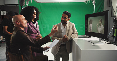 Buy stock photo Man, director and discussion with actor for script, instructions or guideline on production set. Male person, producer or filmaker talking to crew or cast with monitor for character in roll play