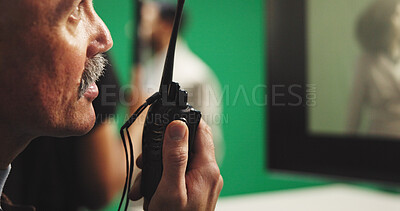 Buy stock photo Man, film director or radio with green screen for action, scene or instruction in production studio. Male person, producer or manager talking with signal cut for take, cue or special effects in set