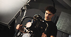 Man, filming and cameraman with stabilizer in studio of broadcast, production process and record. Person, tech and cinematographer on set for shooting news, documentary footage and rehearsal of media