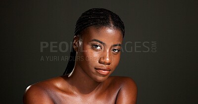 Buy stock photo Portrait, skincare and woman with pride for glow, wellness and treatment for healthy skin and shine. Studio, black person and confident for self care with dermatology, dark background or anti aging