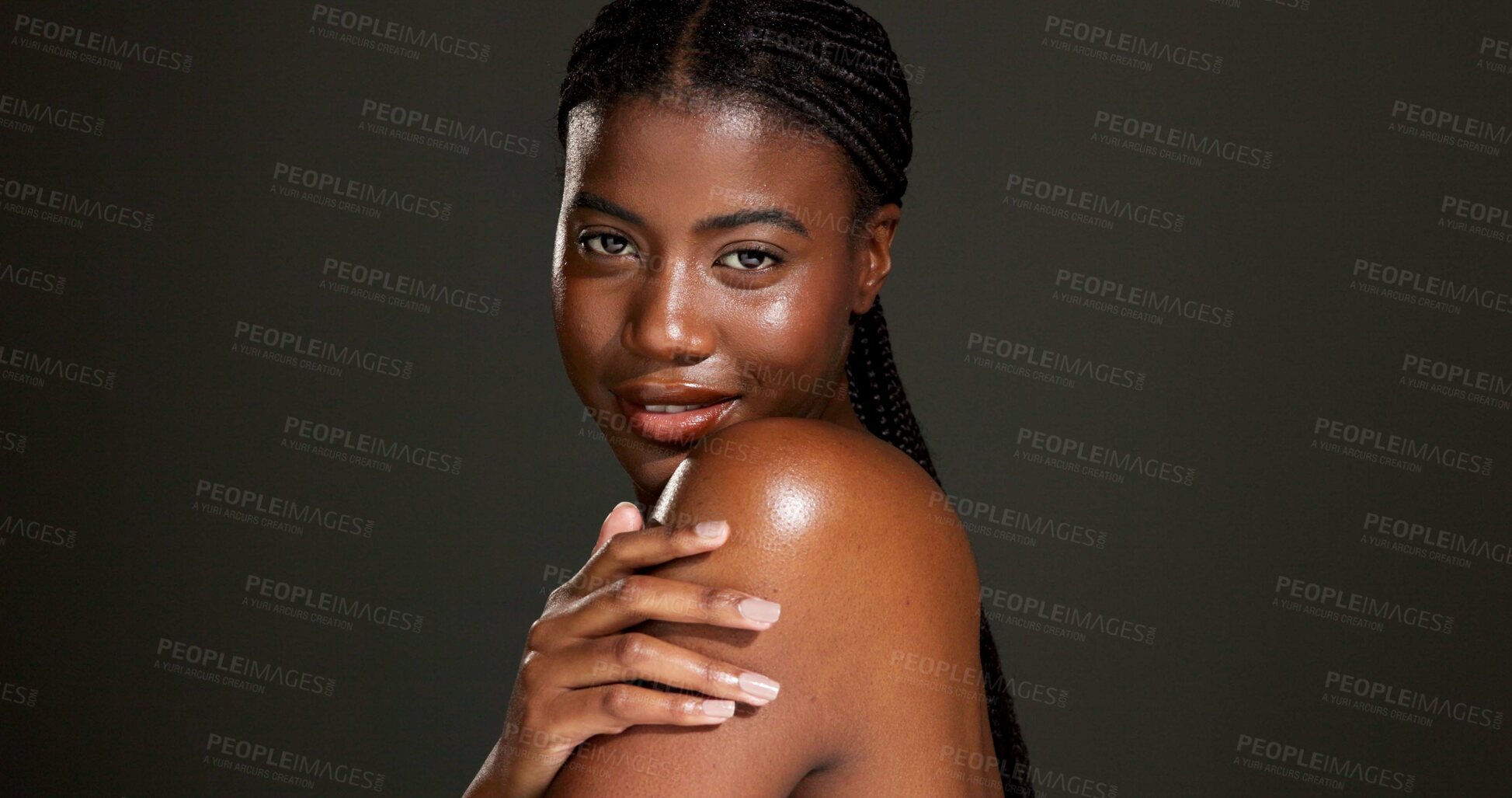 Buy stock photo Skincare, shoulder and portrait of black woman in studio for beauty, hydration and glow. Shine, aesthetic and dermatology with person on dark background space for  hygiene, clear skin and body care