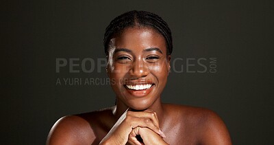 Buy stock photo Portrait, skincare and woman with treatment for glow, wellness and pride for healthy skin and shine. Studio, black person and confident for self care with dermatology, dark background or anti aging