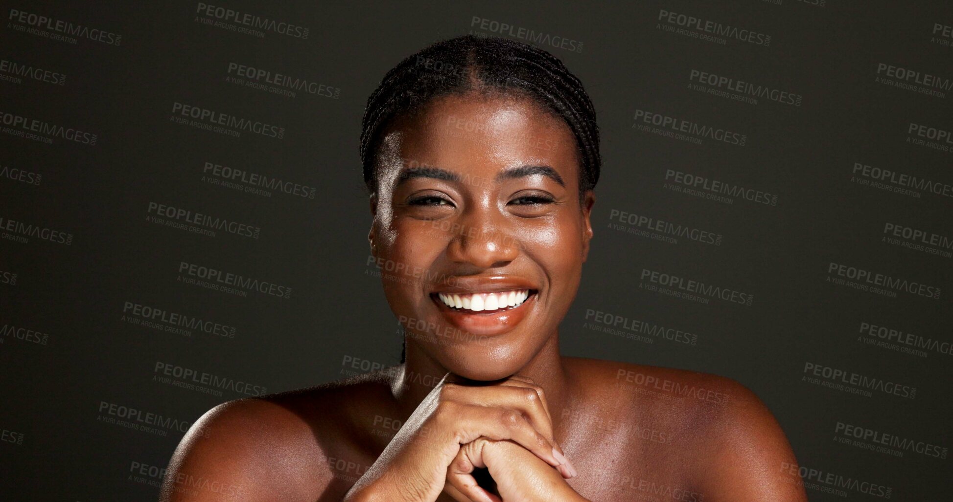 Buy stock photo Portrait, skincare and woman with treatment for glow, wellness and pride for healthy skin and shine. Studio, black person and confident for self care with dermatology, dark background or anti aging