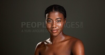 Buy stock photo Beauty, portrait and woman for skincare in studio with hydration mist, glowing face and confidence. Space, African girl and smile with damp skin from glycerin treatment and toner on black background