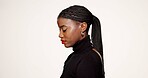 Red lipstick, makeup and profile of black woman in studio with beauty, makeover and self care. Cosmetics, mockup space and African female person with facial cosmetology and gloss by white background.