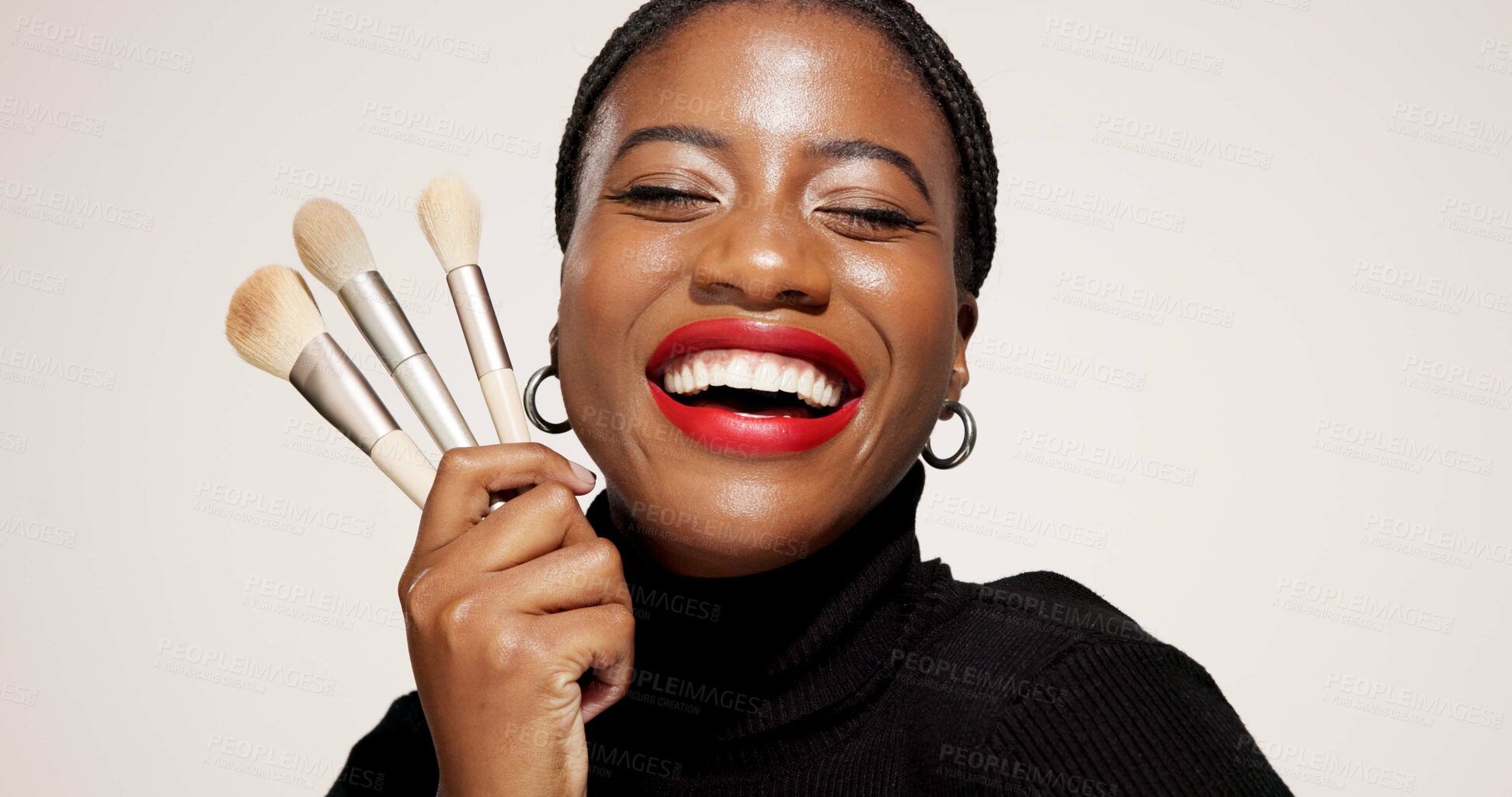 Buy stock photo Studio, happy and woman with makeup brush, confident or equipment for beauty, makeover and selfcare. White background, black person and cosmetic for self expression, creative and tools for foundation